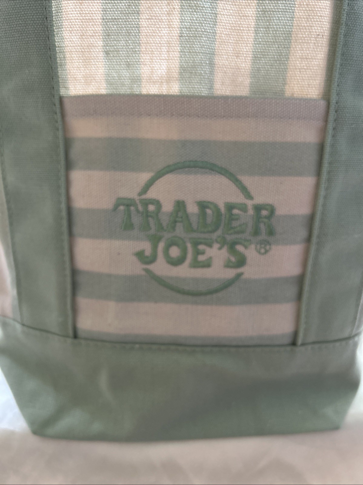 NEW TAG TRADER JOE’S TRENDING STRIPED MINI CANVAS TOTE GREEN SHOP/BEACH/TRAVEL