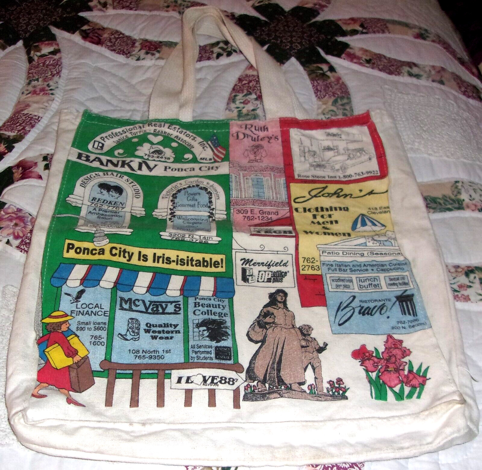 VINTAGE PONCA CITY CANVAS BAG PIONEER WOMAN BANKS SHOP PONCA 1995 IRIS FESTIVAL