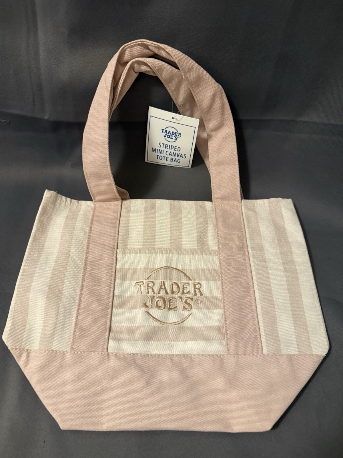 Trader Joe’s Mini Tan Pastel Canvas Tote Bag Beige & Tan Striped Limited Ed HTF