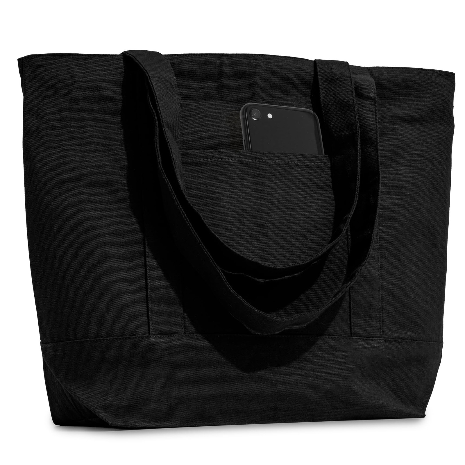Carrywell (Not Made In China) Black Canvas Tote Bags with Zipper, 6-Pack, Hea…