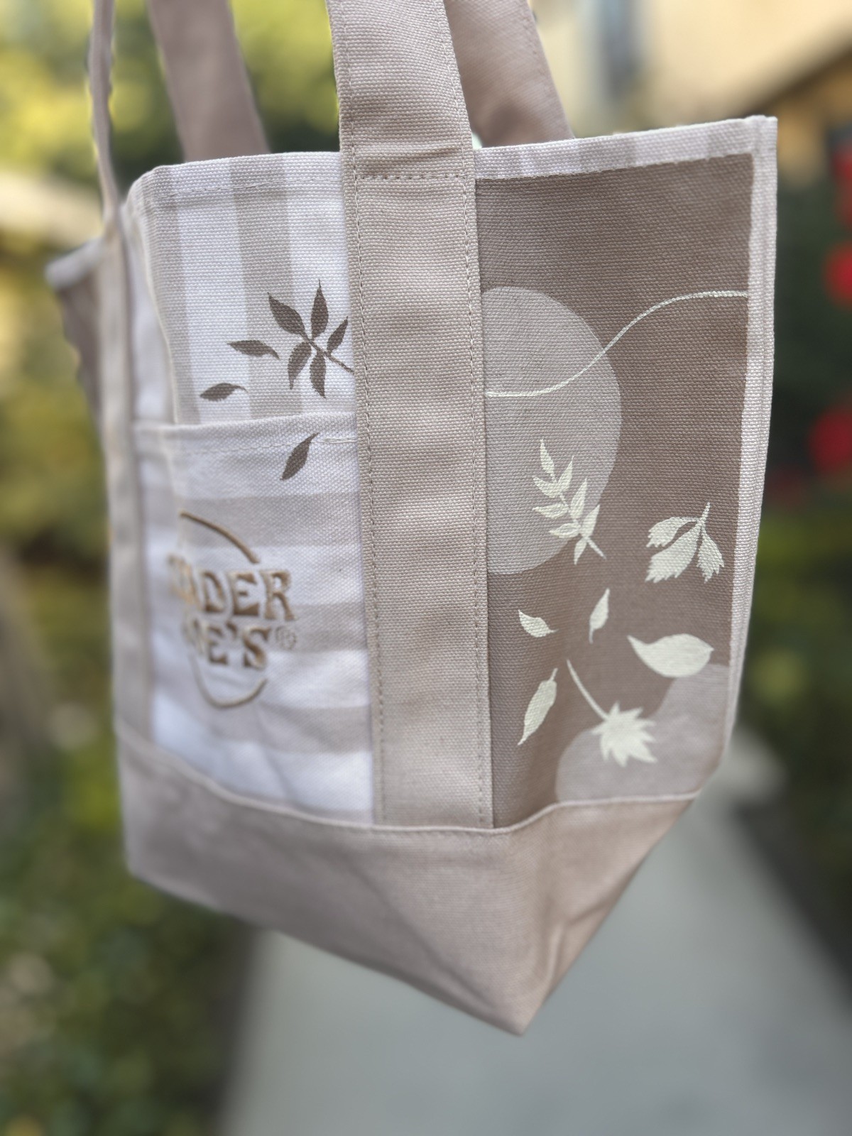 Made To Order – Hand-Painted Trader Joe’s Striped Mini Beige Tote — Fall leaves