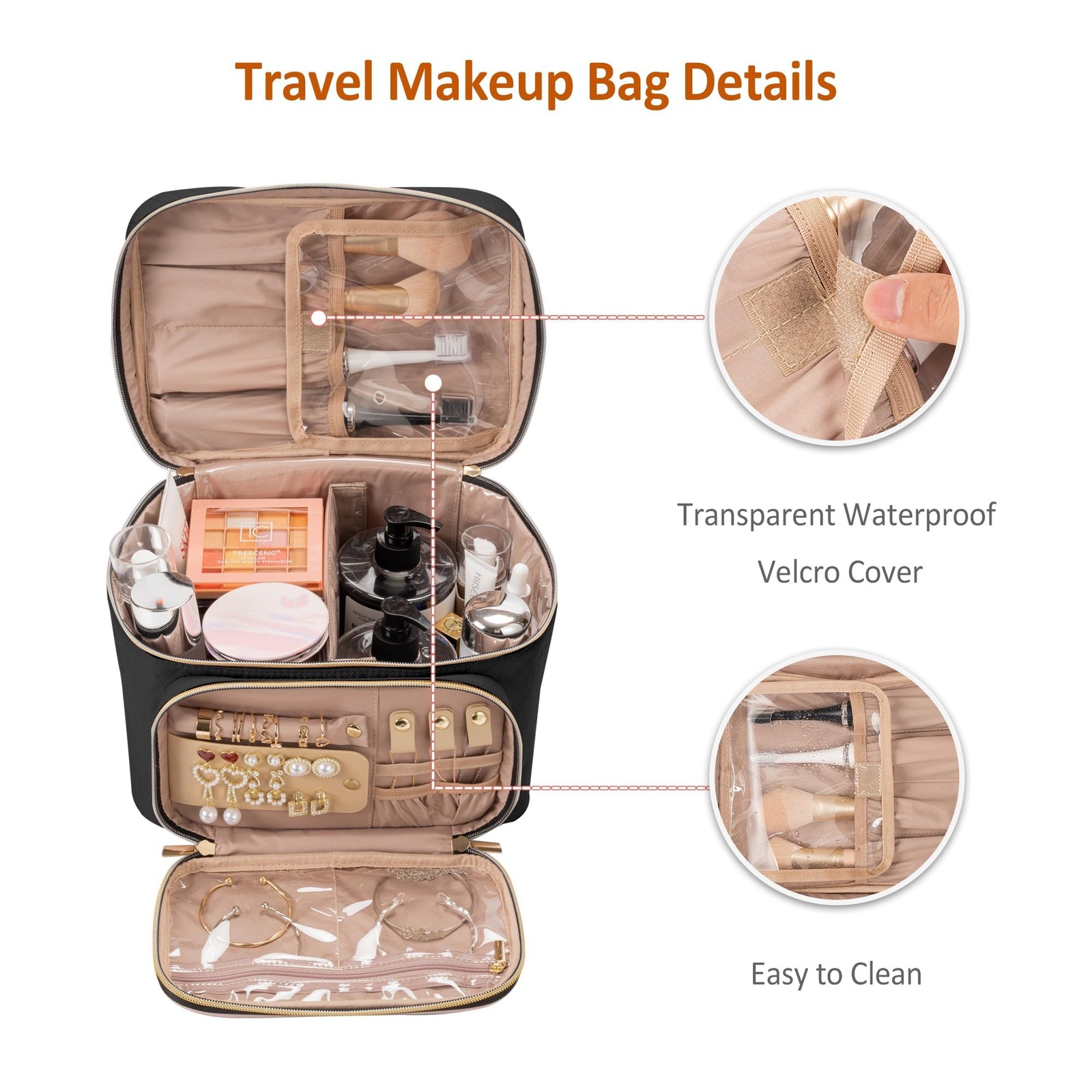 TBTOTRA Travel Makeup Bag with Jewelry Organizer, Large Single-Layer, Black
