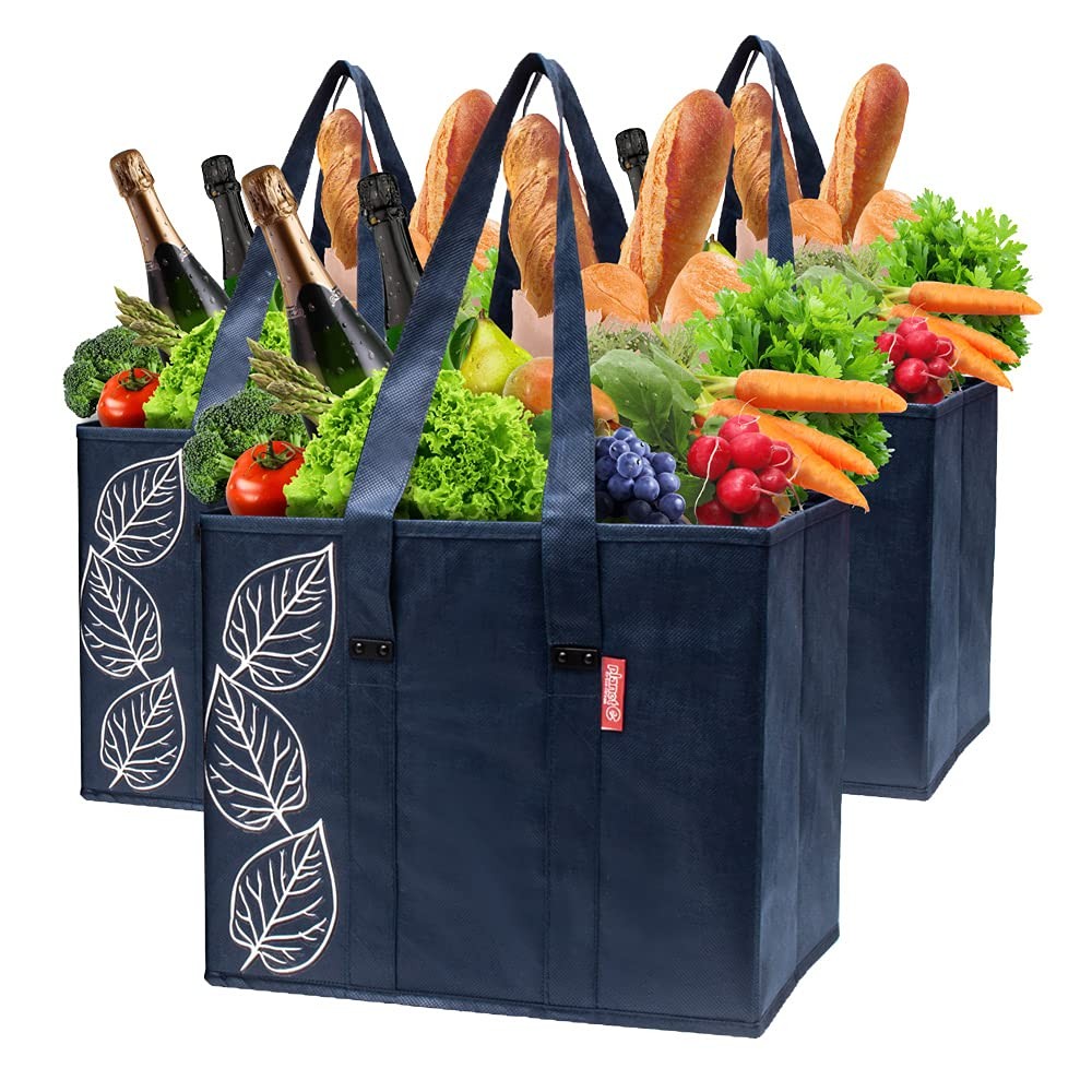 3 PCS Navy Reusable Foldable Grocery Bags Reinforced Bottoms Shopping Tote
