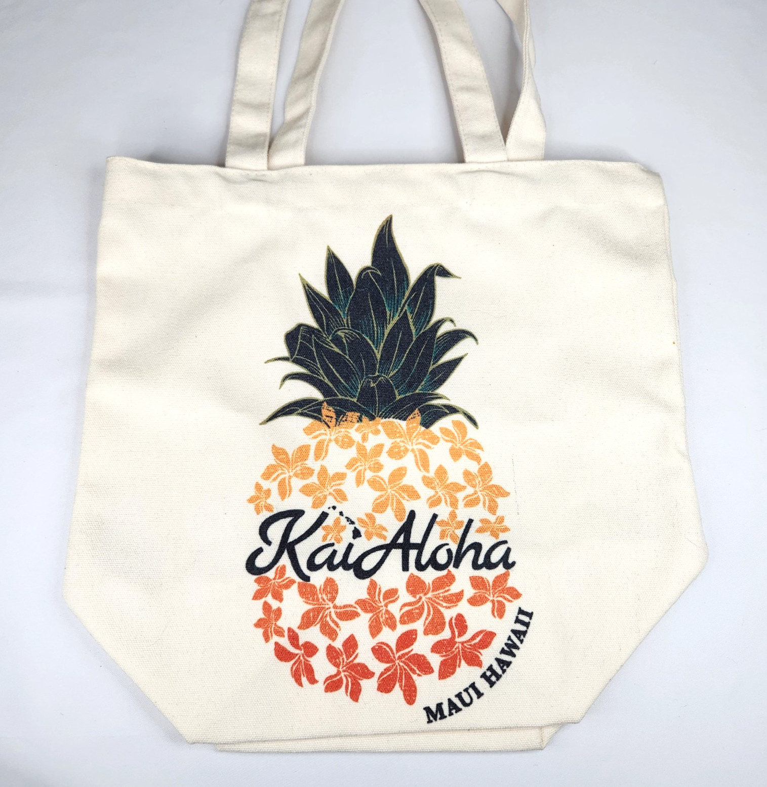 Kai Aloha Maui Canvas Reusable Tote Bag Pineapple Plumeria Med 6″ Sq x 12″ Tall
