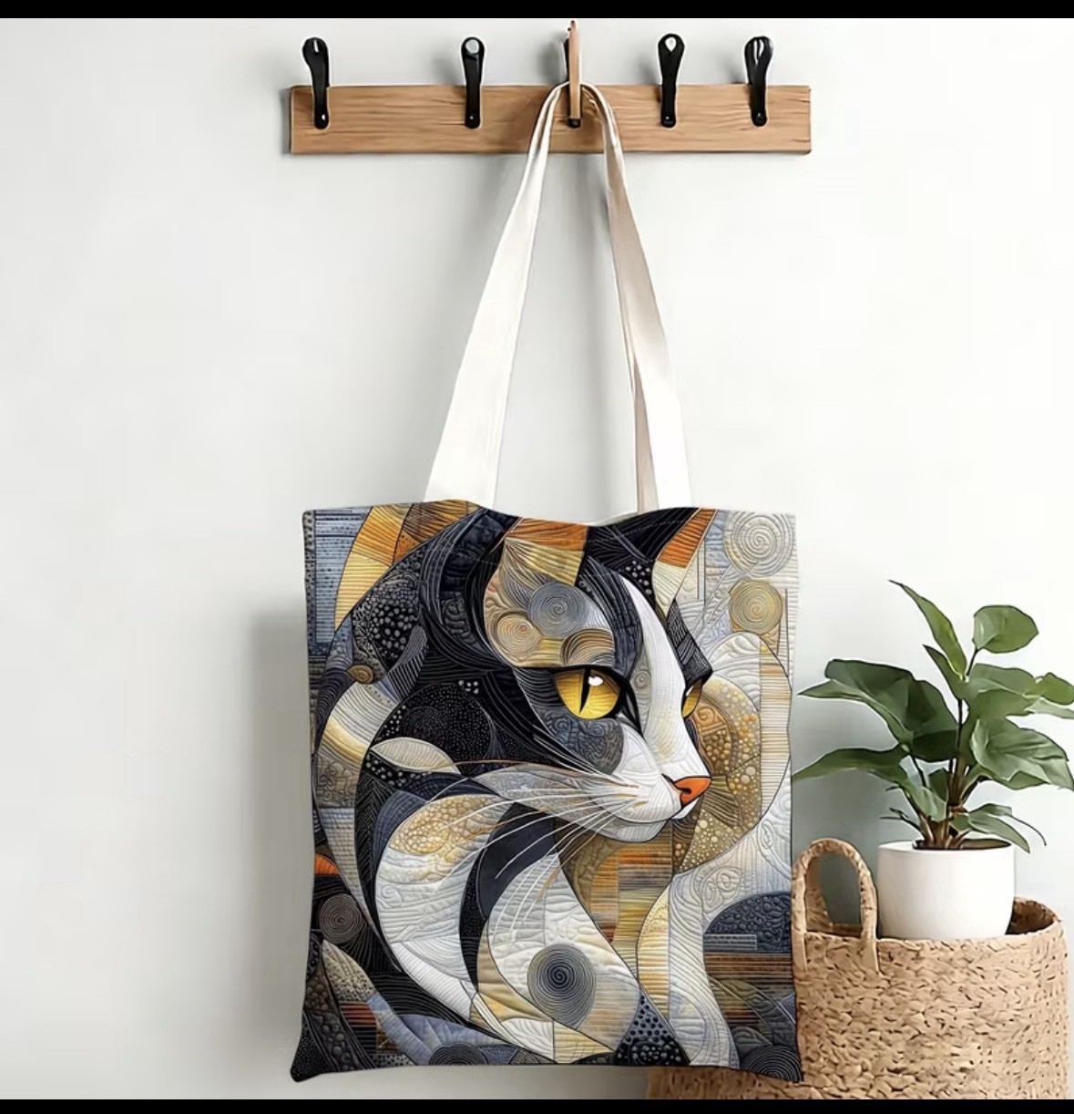Abstract Cat Print Canvas Tote Bag 13×15 Artistic Shoulder Shopper Bag
