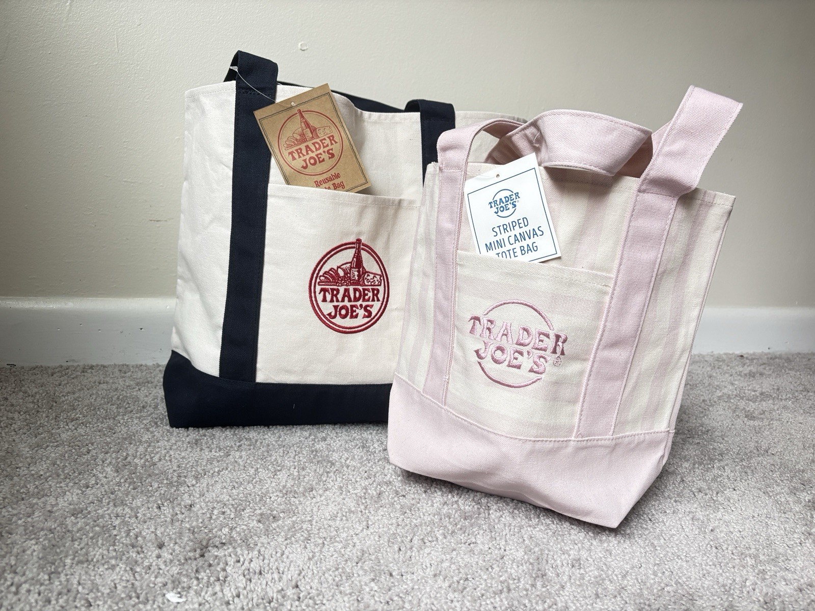 💖 2 Pack Most Sold NEW Trader Joe’s Canvas Navy Blue/Stripe Pink MustHave Tote