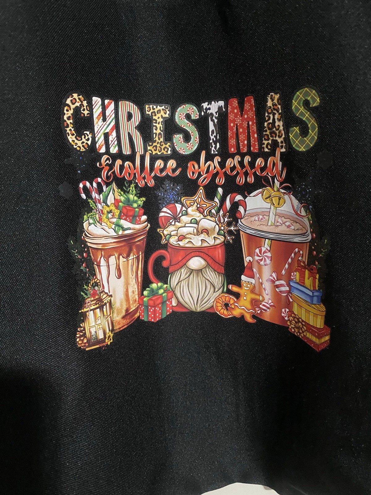 Reusable Christmas And Coffee Tote Bag 13.5” X 13.5” X 4” In Black W/ Cute Cups