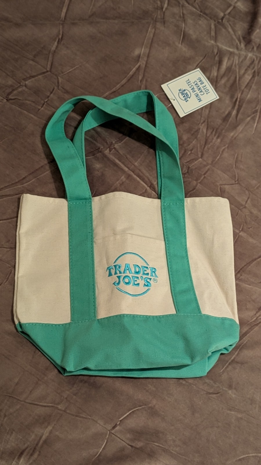 Trader Joe’s Small Foldable Canvas Tote Bag Green Beige Colorblock