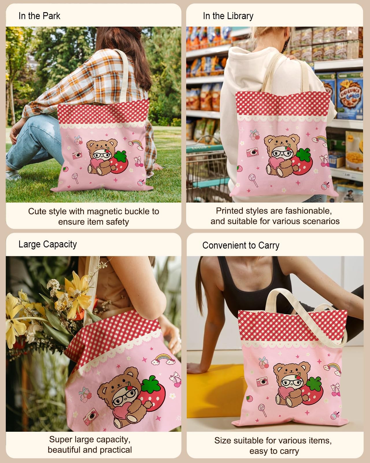 Aesthetic Canvas Tote Bag for Women – with Magnetic Buckle and Zipper Inner P…