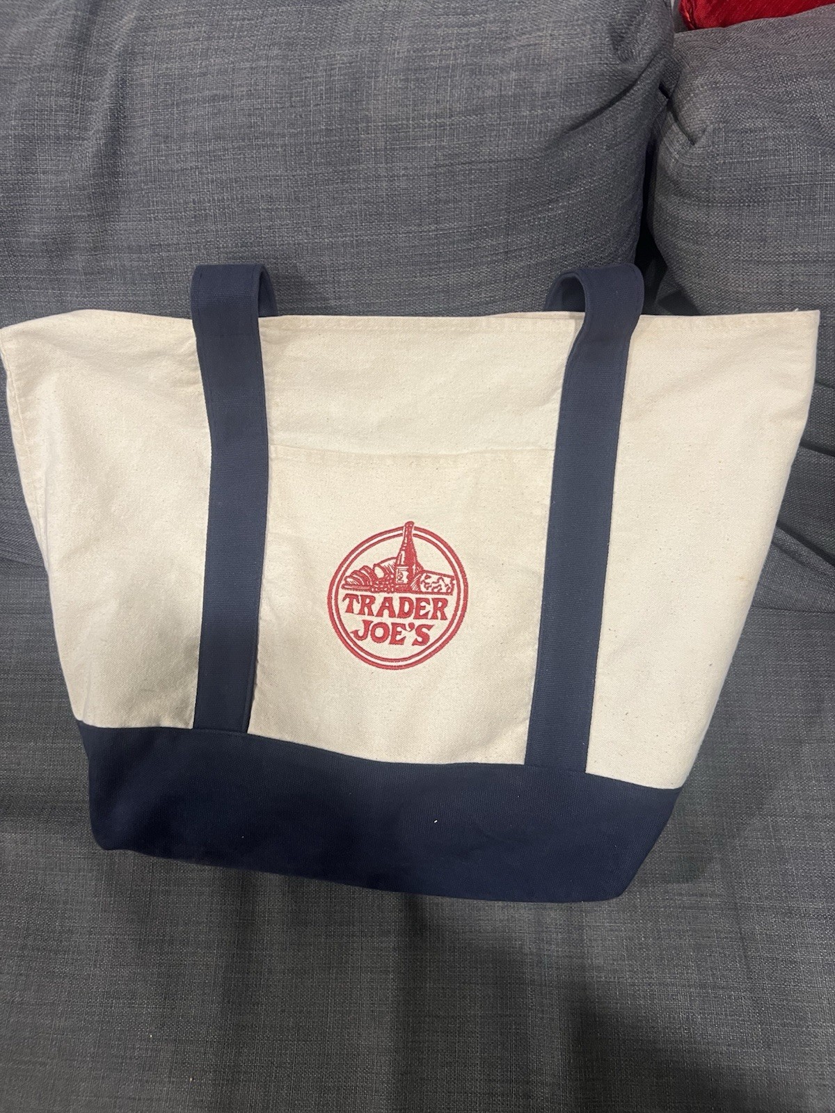 Trader Joe’s Canvas Tote Bag, Foldable, Reusable, Beige Navy Blue, Solid Pattern