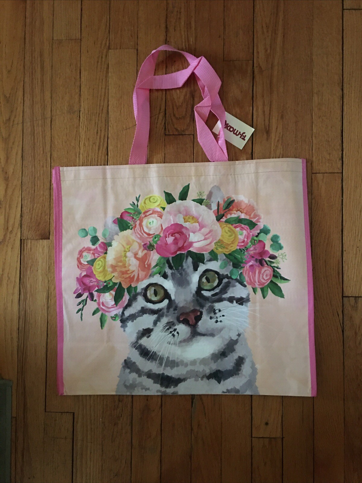 Tiger Kitty Cat FLORAL Crown🌸Reusable Durable Shopping Bag EcoTote TJ Maxx NWT