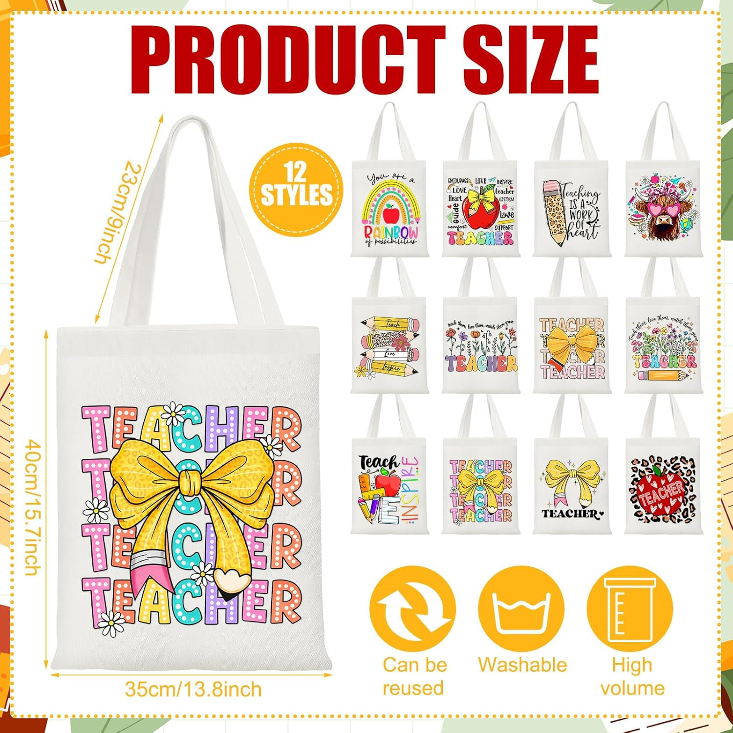12 Pcs End of the Year Gift for Teacher, Reusable Canvas Tote Bags Thank You Tea