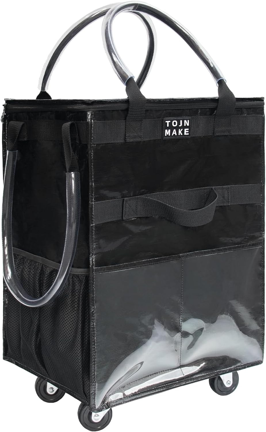 Large Reusable Grocery Bag with Wheels, 8 Pockets, Foldable Rolling Tote