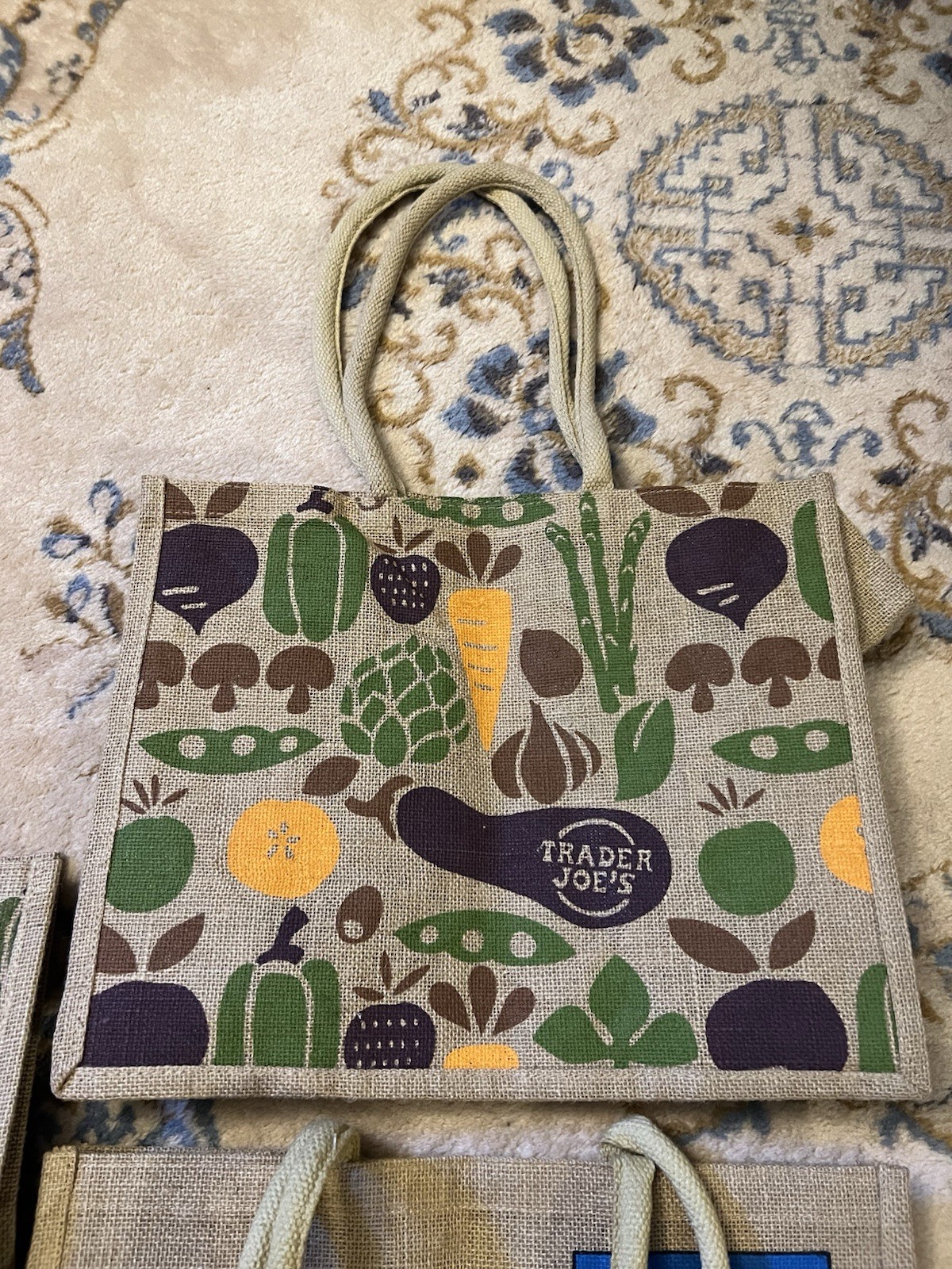 3 Trader Joe’s Jute Burlap Expand Tote Bag Vegetables Eggplant Yes Nautical Flag