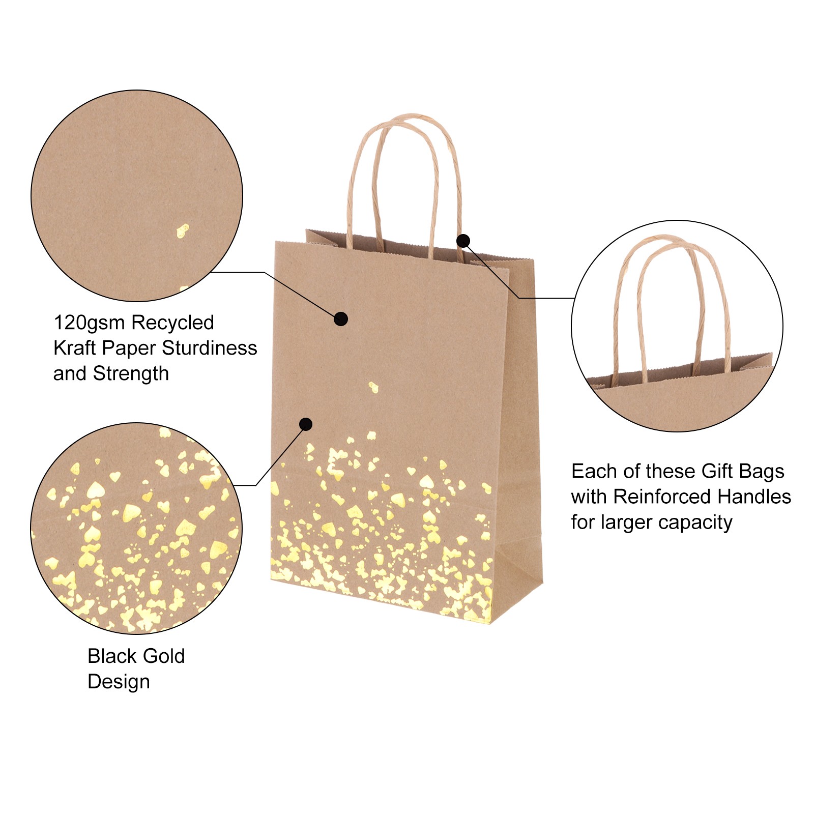 24Pcs Kraft Gift Bags with Handles Bulk, Yellow Gold Heart Party Favor Bags