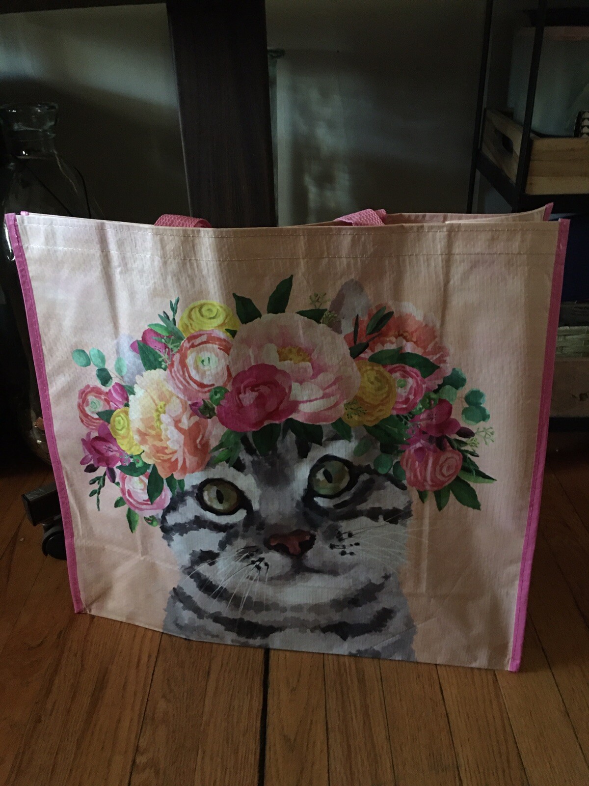 Tiger Kitty Cat FLORAL Crown🌸Reusable Durable Shopping Bag EcoTote TJ Maxx NWT
