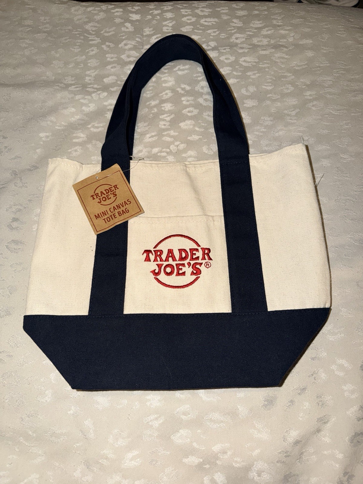Trader Joe’s Canvas Mini Tote Bag Small Foldable Beige Navy Blue