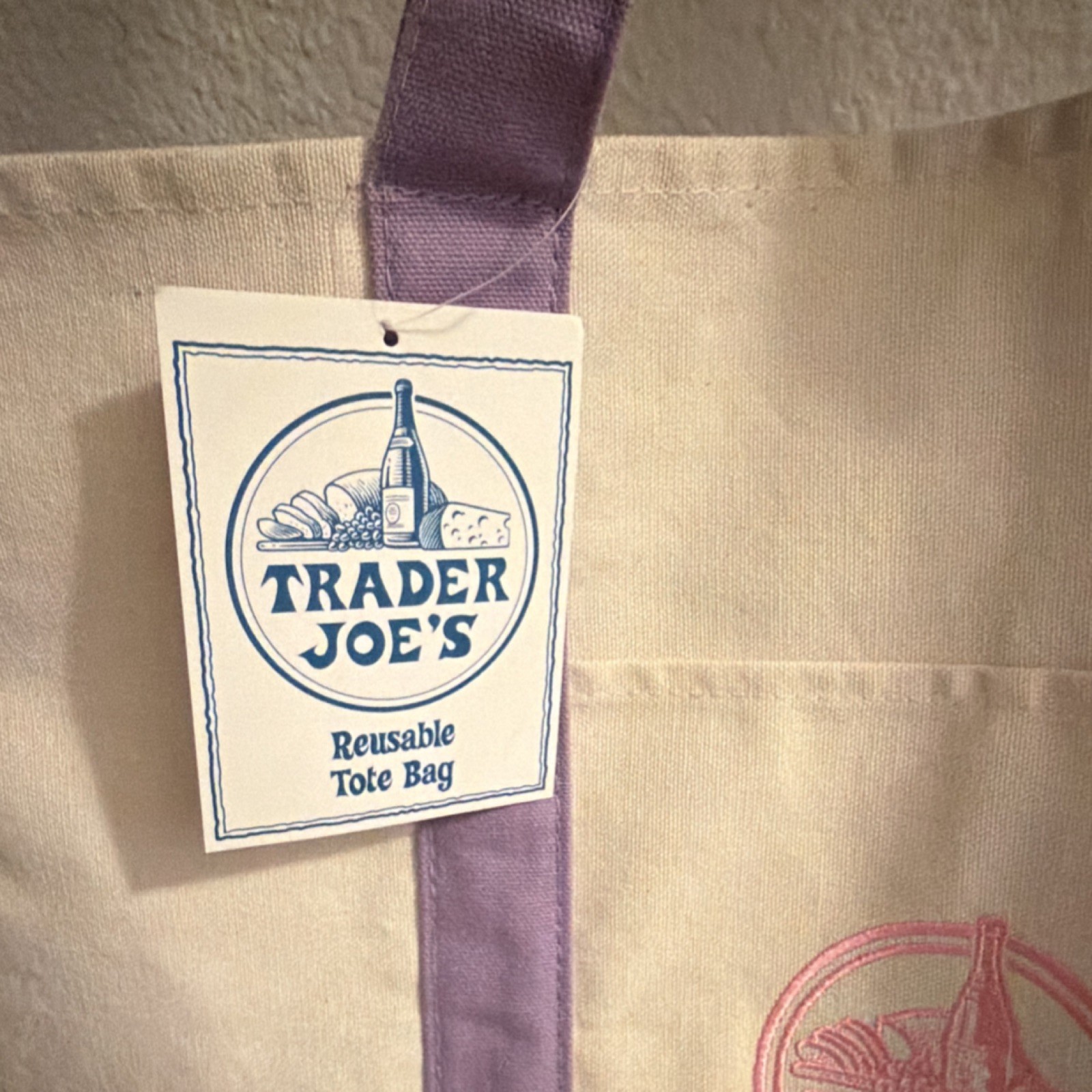 Trader Joe’s Canvas Reusable Tote Bag Beige Purple Foldable 20x10x12 in New