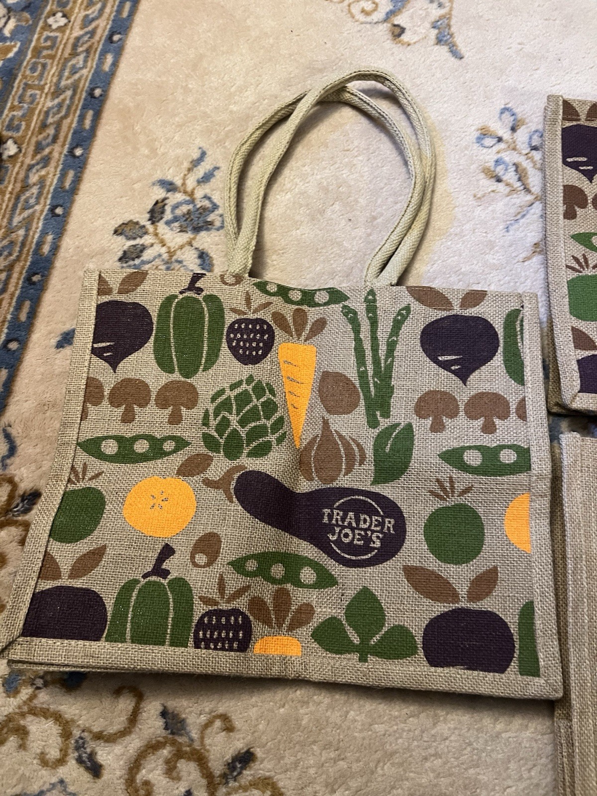 3 Trader Joe’s Jute Burlap Expand Tote Bag Vegetables Eggplant Yes Nautical Flag