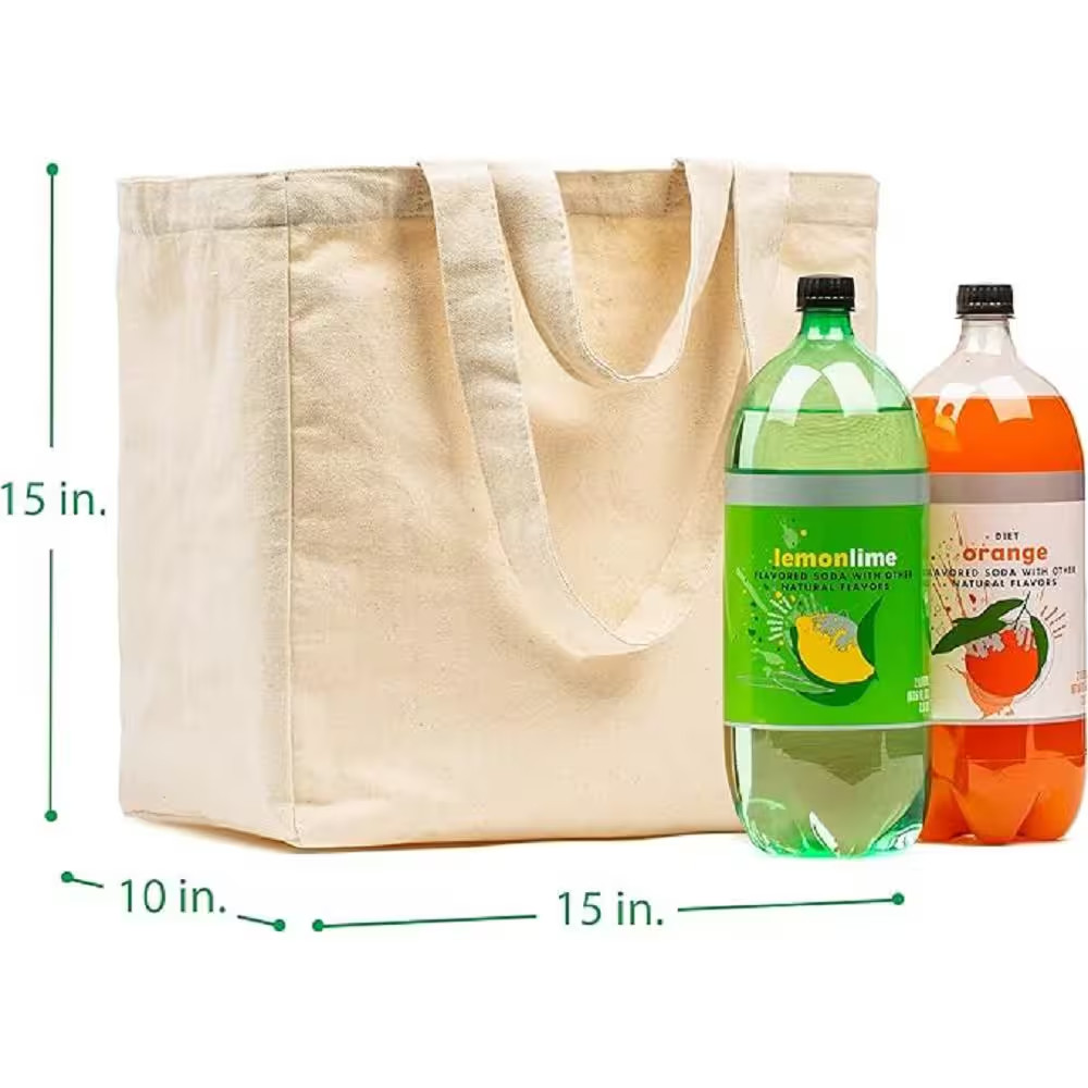Beige Canvas Reusable Grocery Bag with Real Pockets, Long Shoulder Strap Short H
