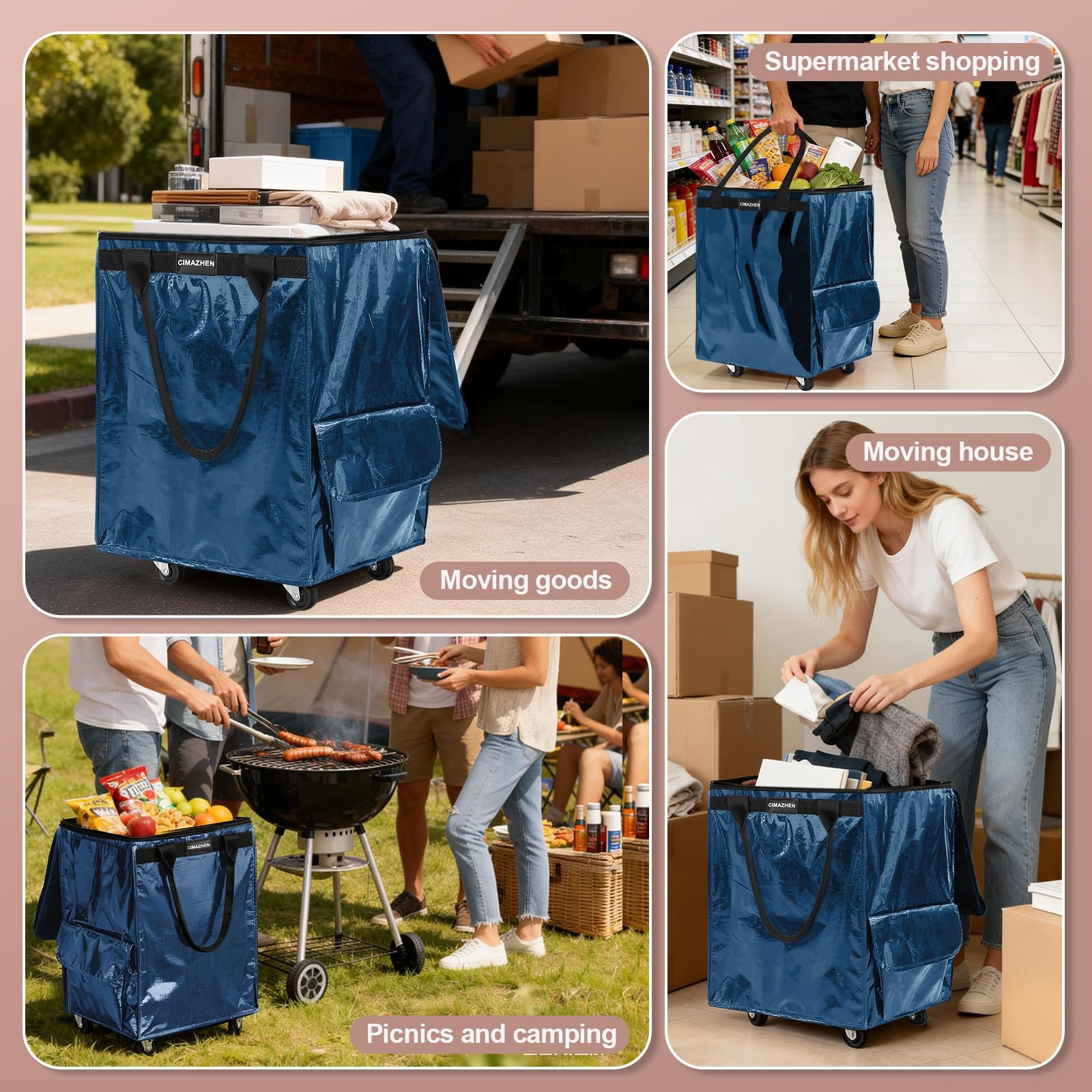 (Medium,Navy Blue) Reusable Grocery Bag on 4 Wheels, 70L Foldable Rolling Tot…
