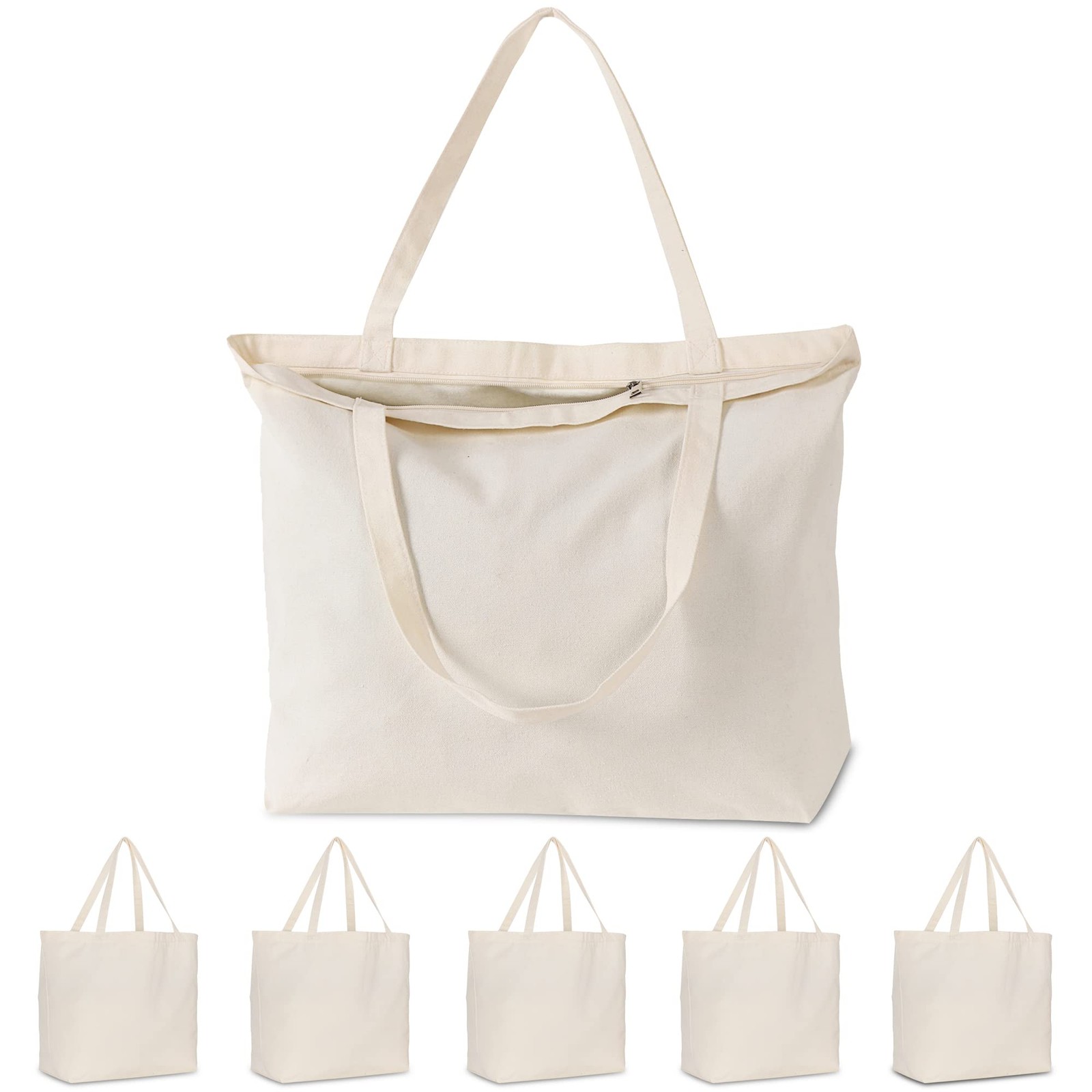 Koolmox Tote Bag Bulk with Zipper, 6-Pack 22x16x7.8” Beige Tote Bag, 12Oz Du…