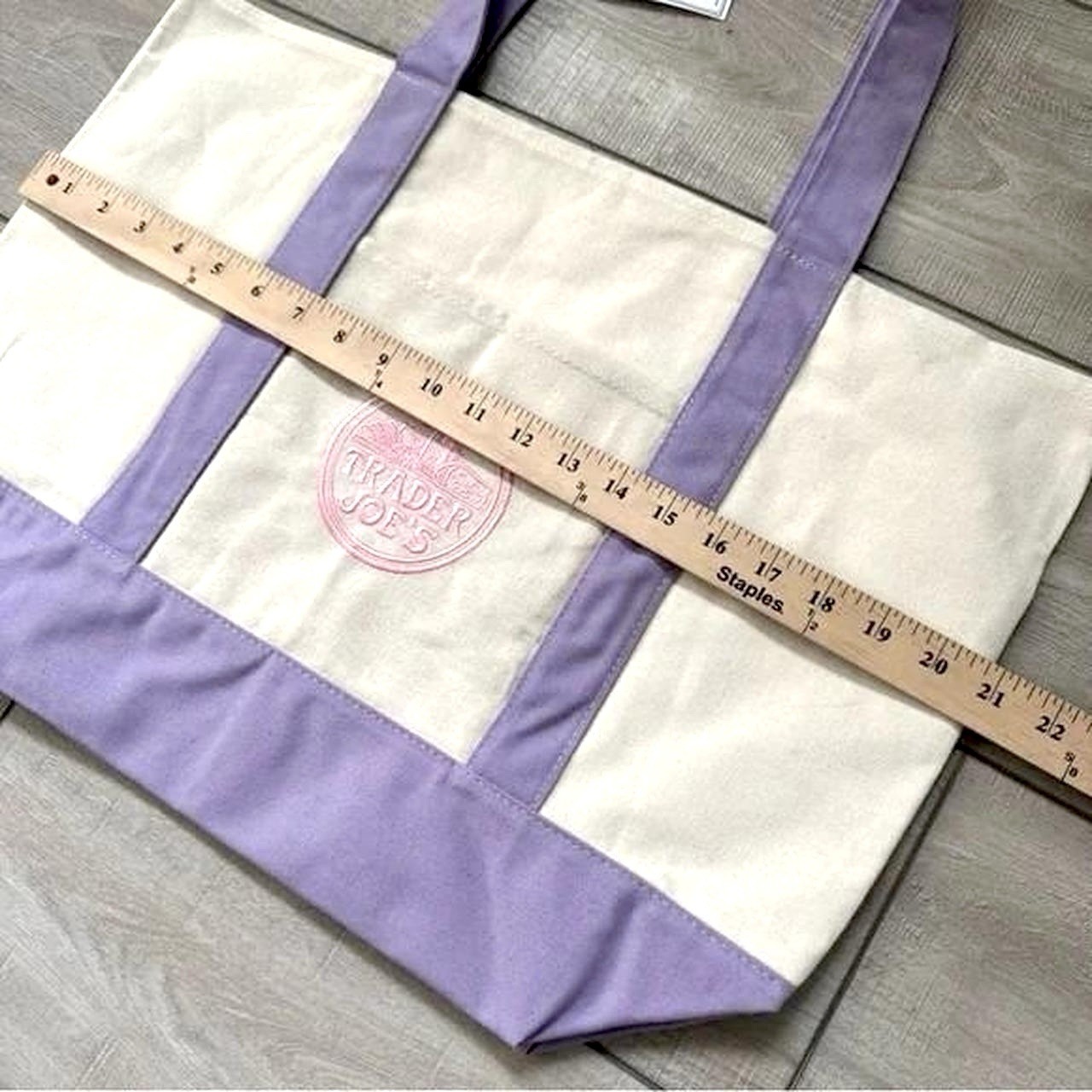 Trader Joe’s LARGE Purple Cream Canvas Tote Bag 2026 Viral Pink Logo Spring