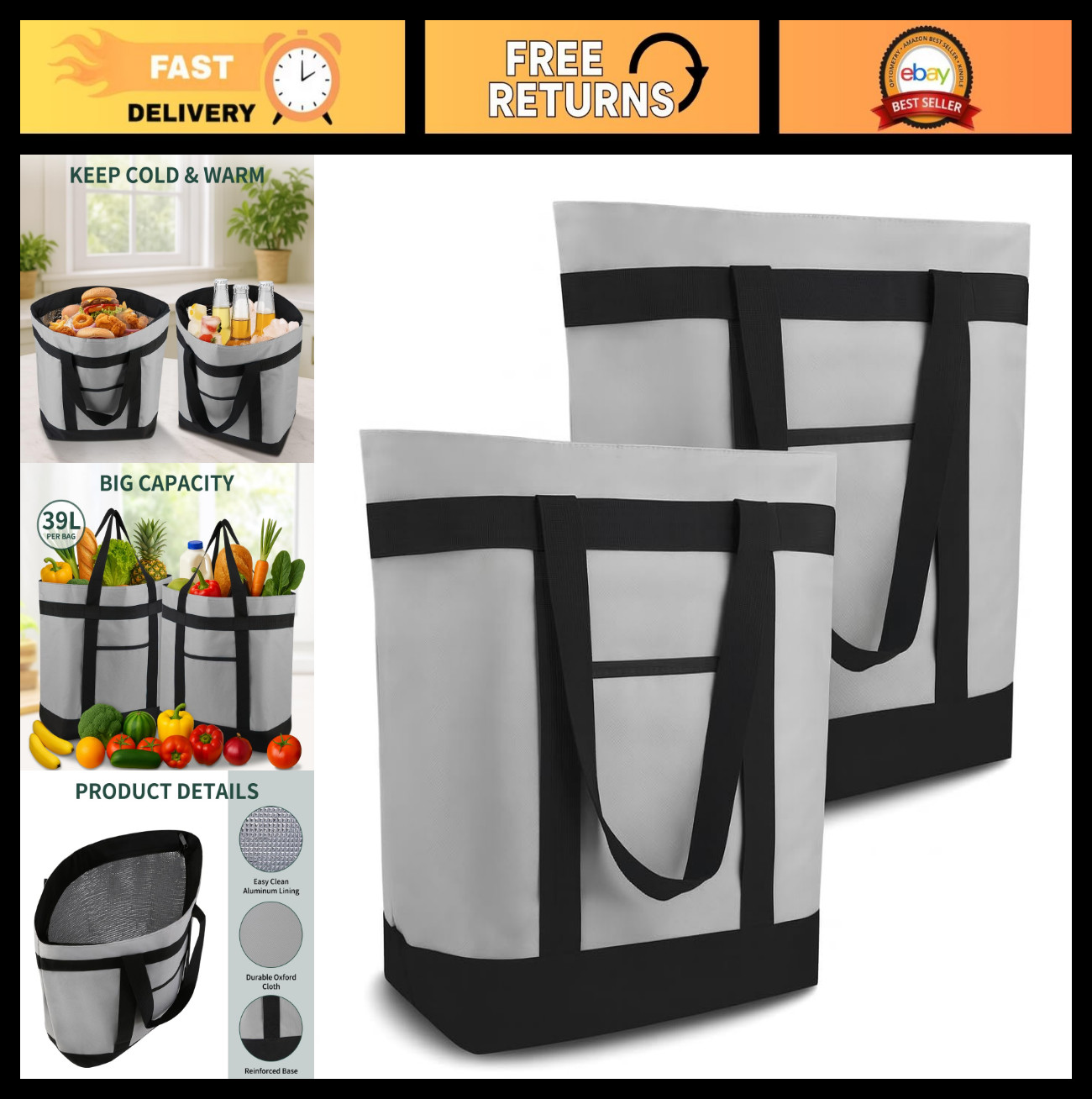 2PK Large Insulated Grocery Bags – 39L Reusable Totes, Zipper & Pockets, Water-R
