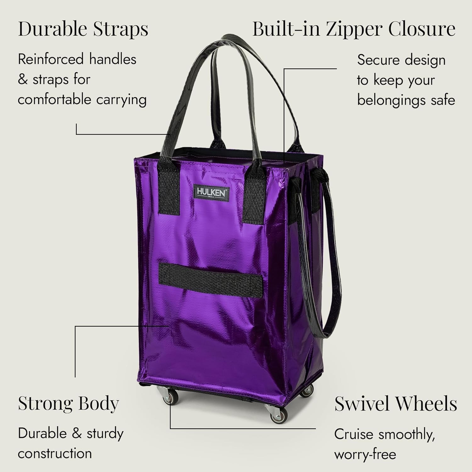 HULKEN (Small, Ultraviolet) Reusable Grocery Bag On Wheels, Carries Up to 66 lb