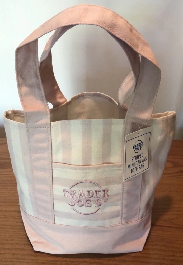 Trader Joe’s Mini Canvas Tote Bag PINK/White,Striped Cotton Blend 13x11x6(ONE)