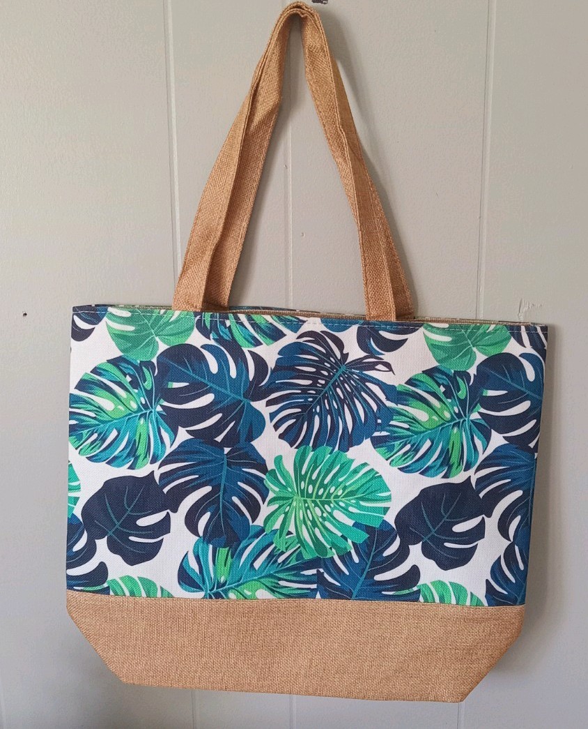Large Blue Multicolor Leaf Print Polyester Tote Reusable Bag Beige Handles
