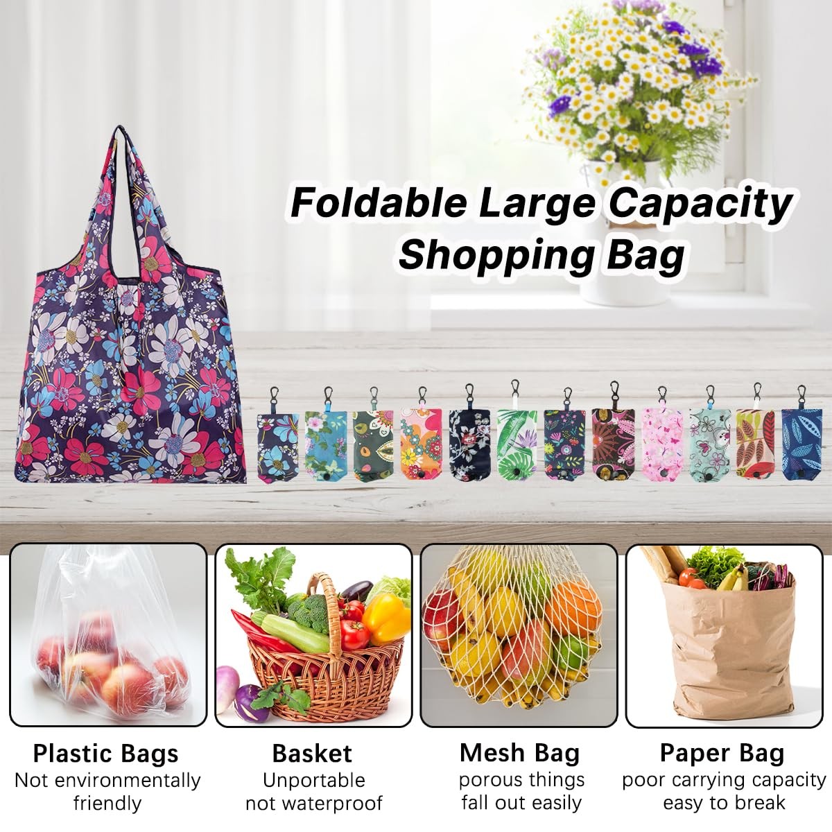 12 PCS Floral Cute Waterproof Foldable Washable Reusable Grocery Tote Bag