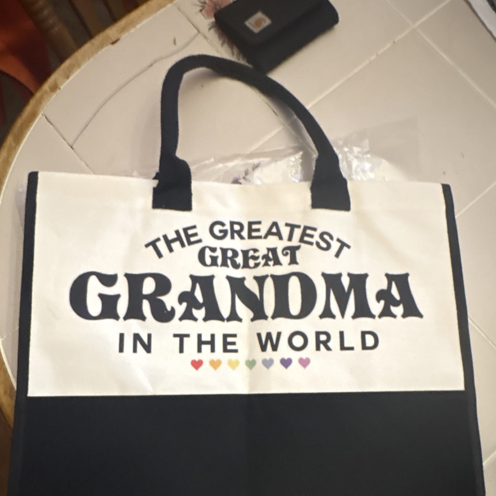 Reusable Canvas Tote Bag Black White Text Pattern Gift for Great Grandma