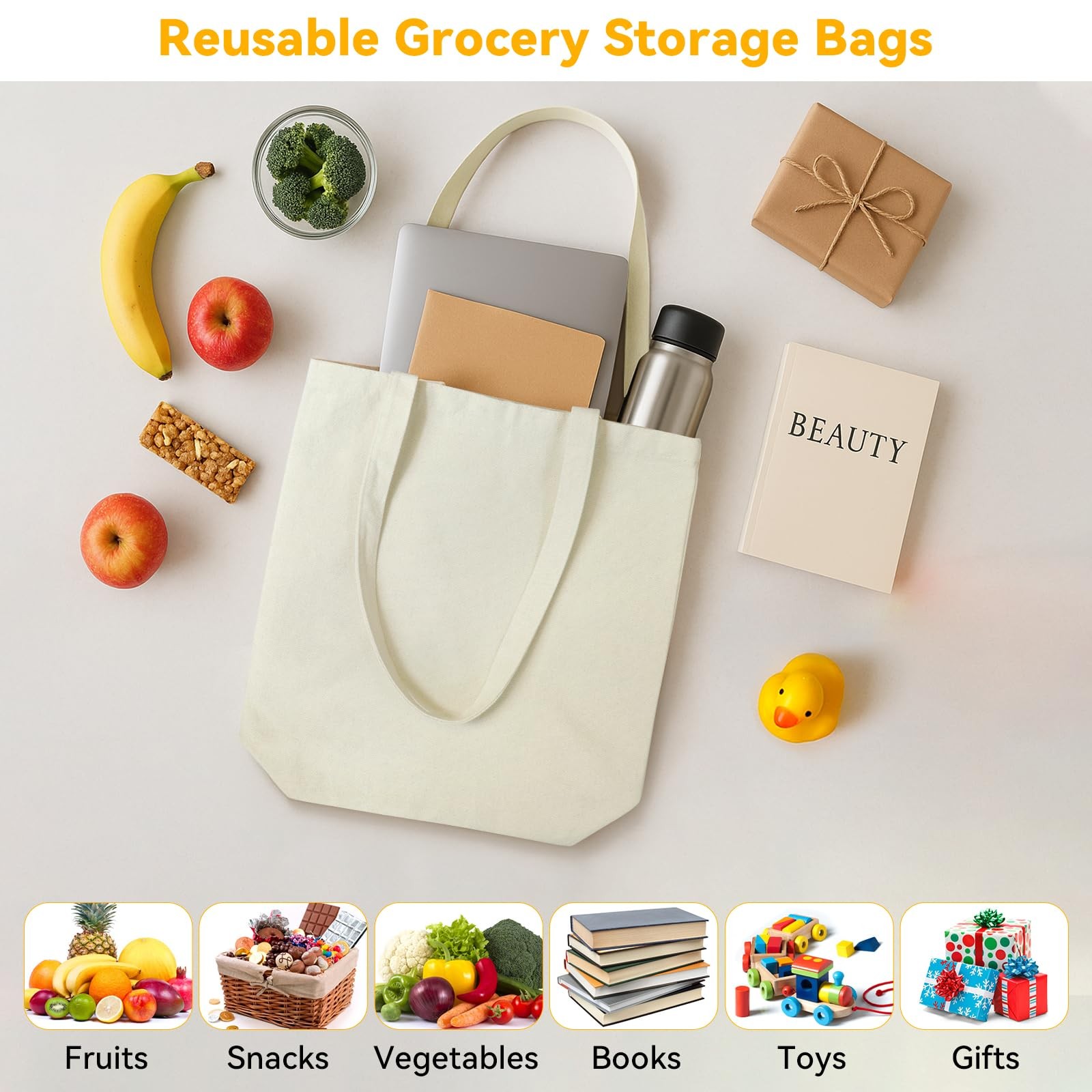 5-Pack 15.7″x13.8″ Natural Canvas Cotton Tote Bags, Lightweight Medium Reusab…