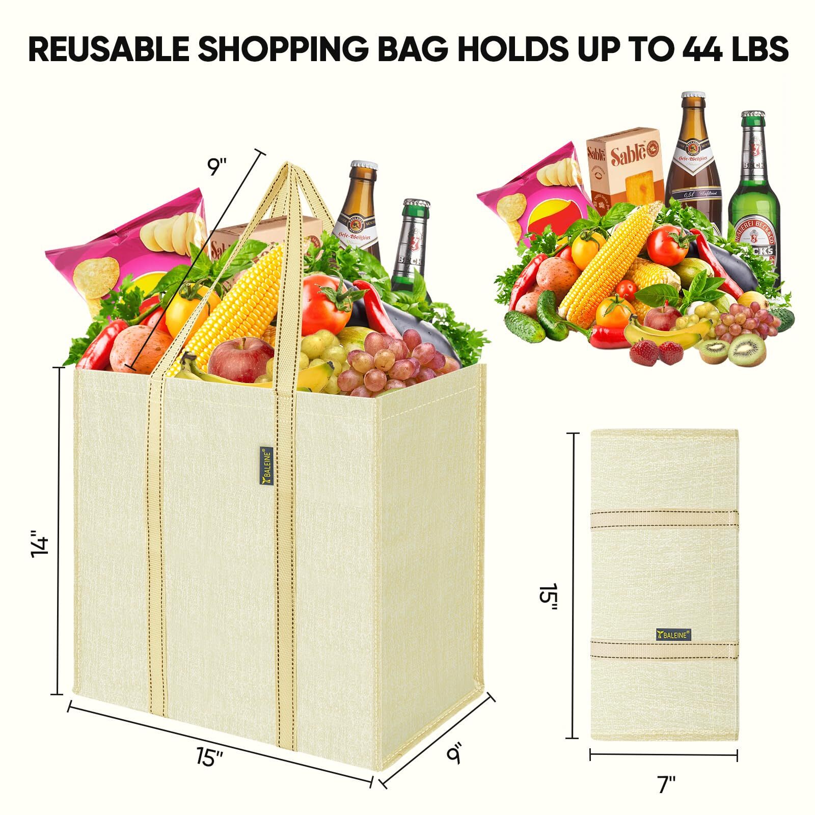 4 PK Grocery Bags Reusable Shopping Bags with Reinforced Bottom Heavy Duty Fo…