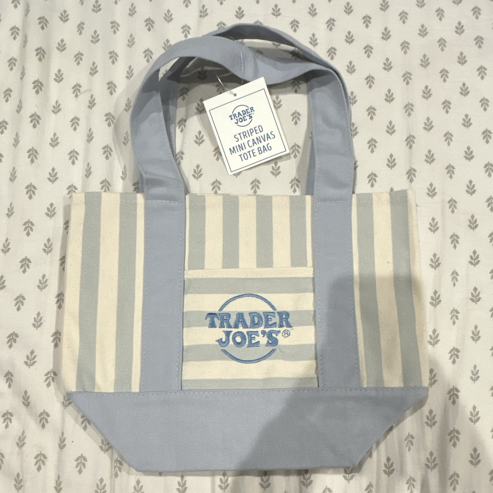 Trader Joe’s Striped Mini Canvas Tote Bag, Blue & Beige, Striped Pattern