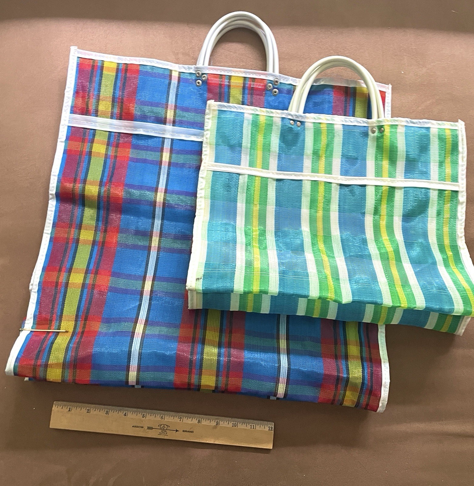 Set of 2 Reusable Mercado Bags Plaid Woven Mesh Eco- Tote Market Laundry Beach