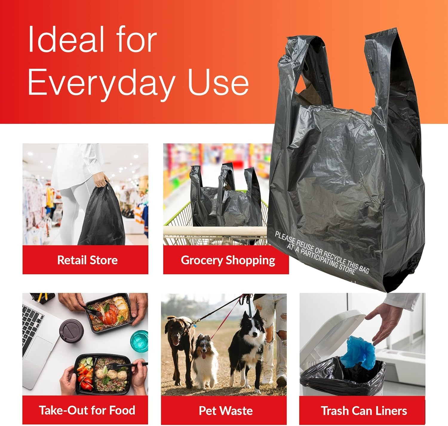 T-shirt Bags (300 Count) (Black) (11.5″ x 6.5″ x 21″) – Black Plastic Bags