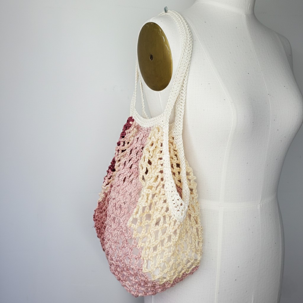 Handmade Purple Farmers Market Bag Crochet Net French Cotton Grocery Beach Reuse