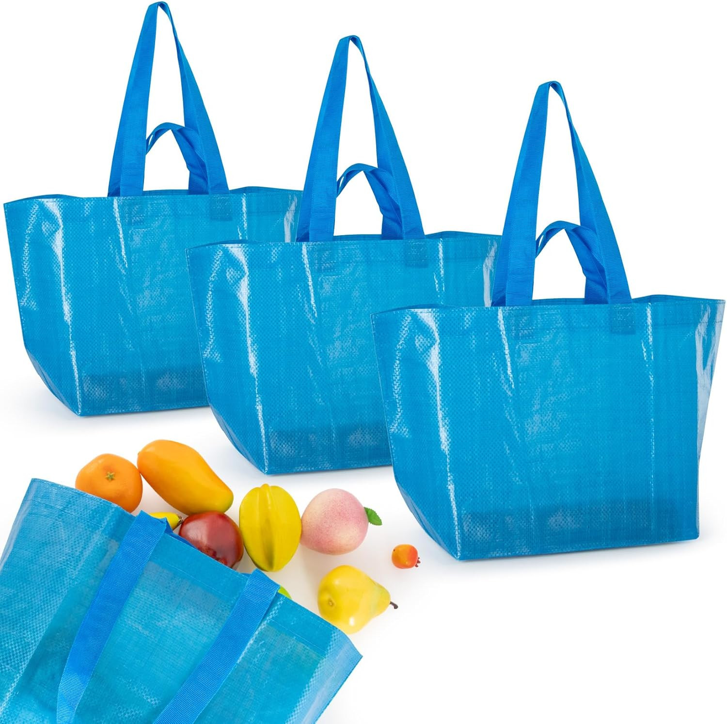 Reusable Grocery Bags – 3 Pcs Blue Grocery Shopping Bags Reusable Woven Polyprop