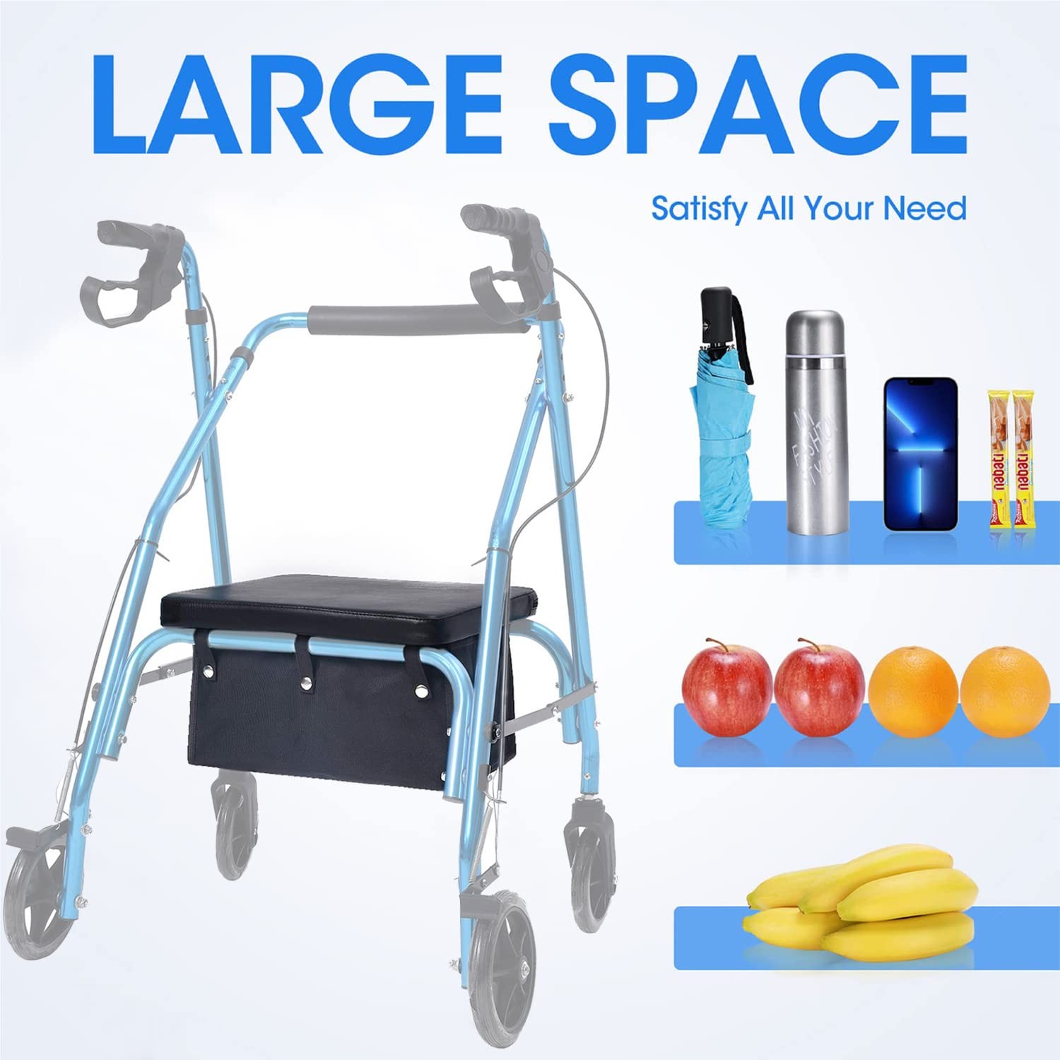Large Rollator Walker Basket, Under Seat Bag, Large, Black