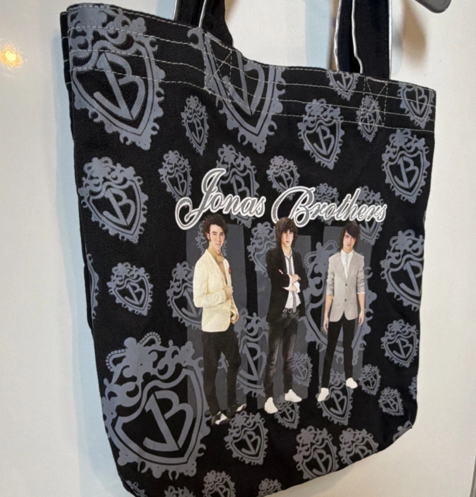 Jonas Brothers Reusable Canvas Shopping Bag Foldable Black All-Over Pattern