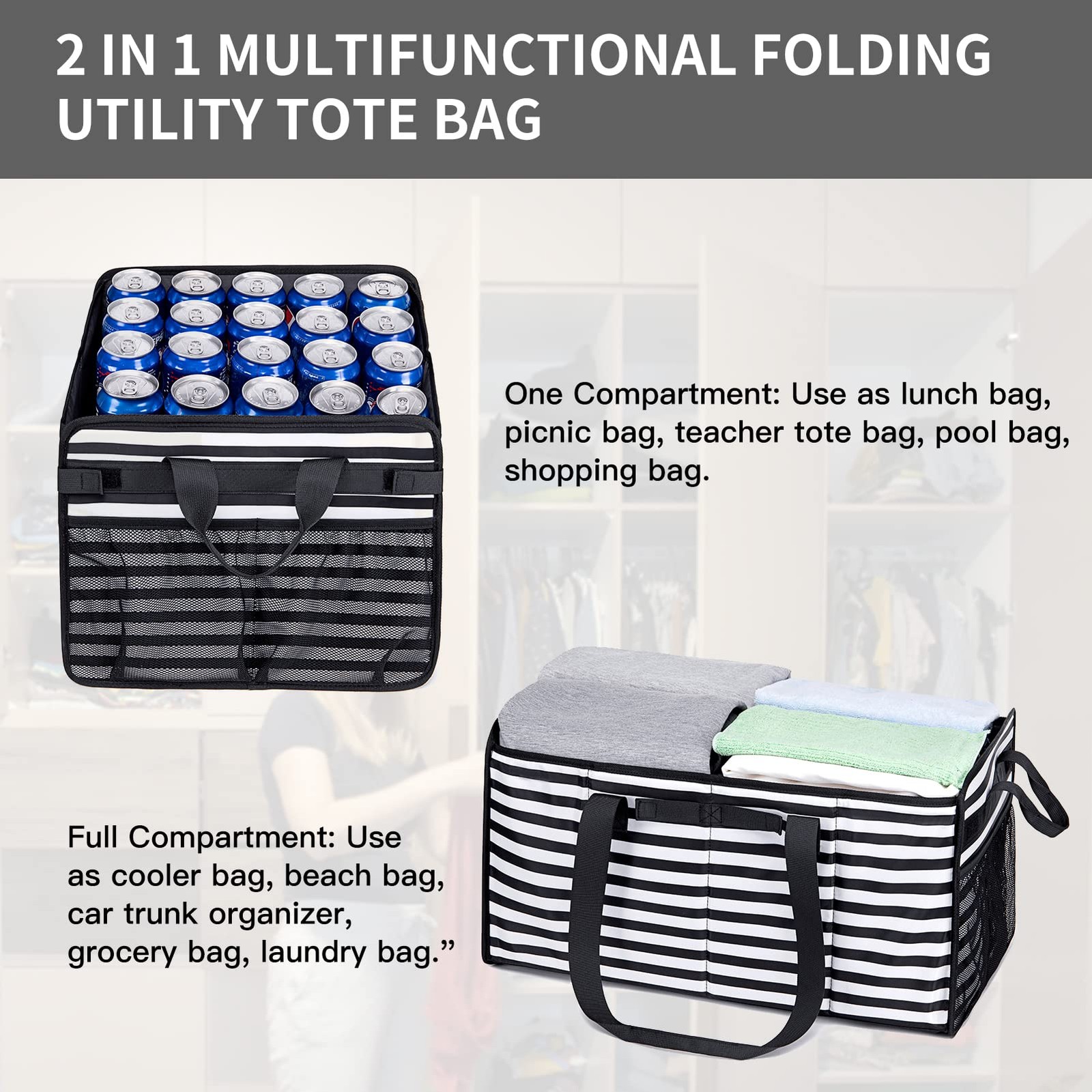 Muzale Extra Large Utility Tote Bag with Wire Frame Reusable Grocery Bags Fol…