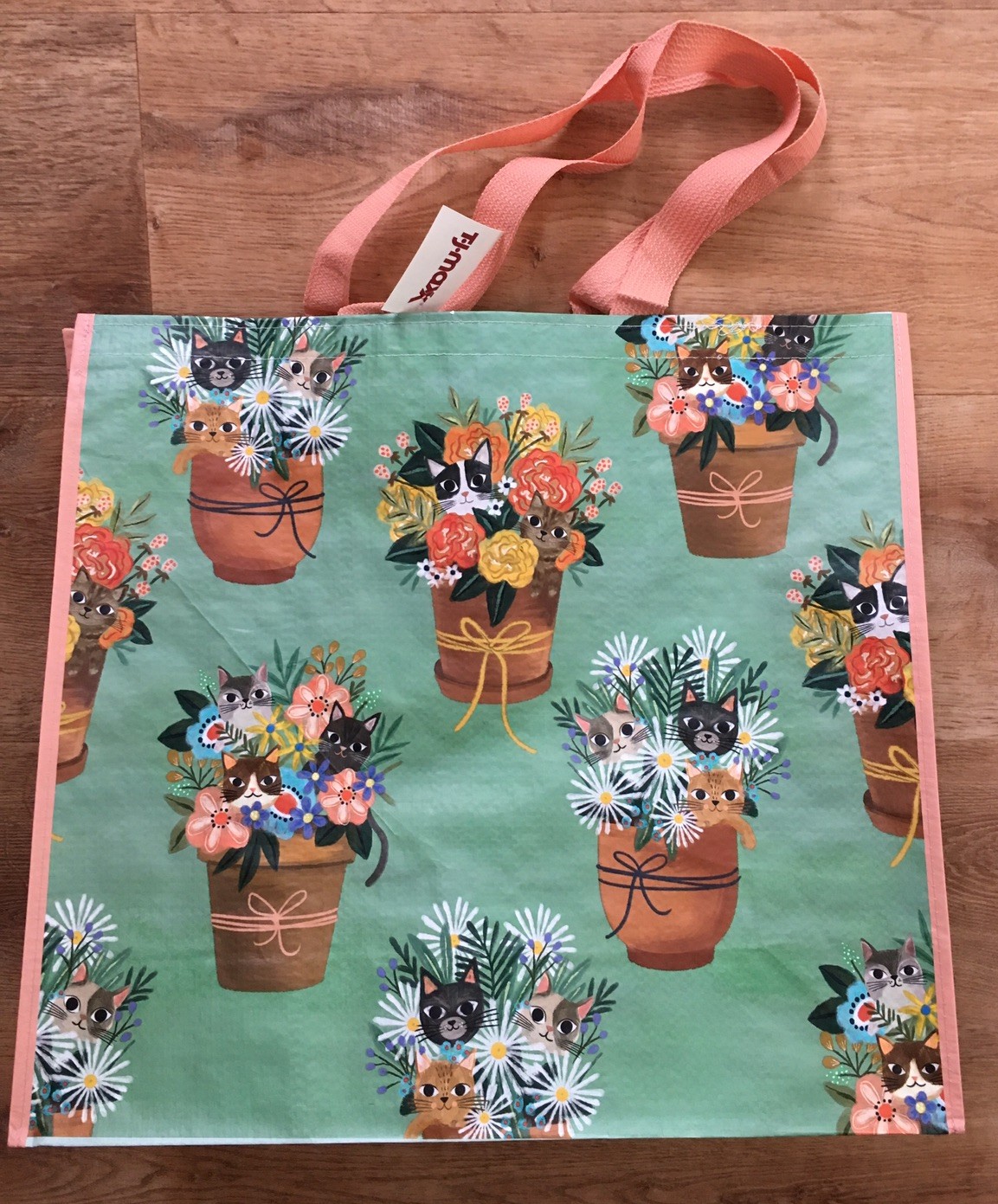 TJMaxx Shopping Bag Colorful CATS In Flower Pots Reusable EcoTote Gift Bag NWT