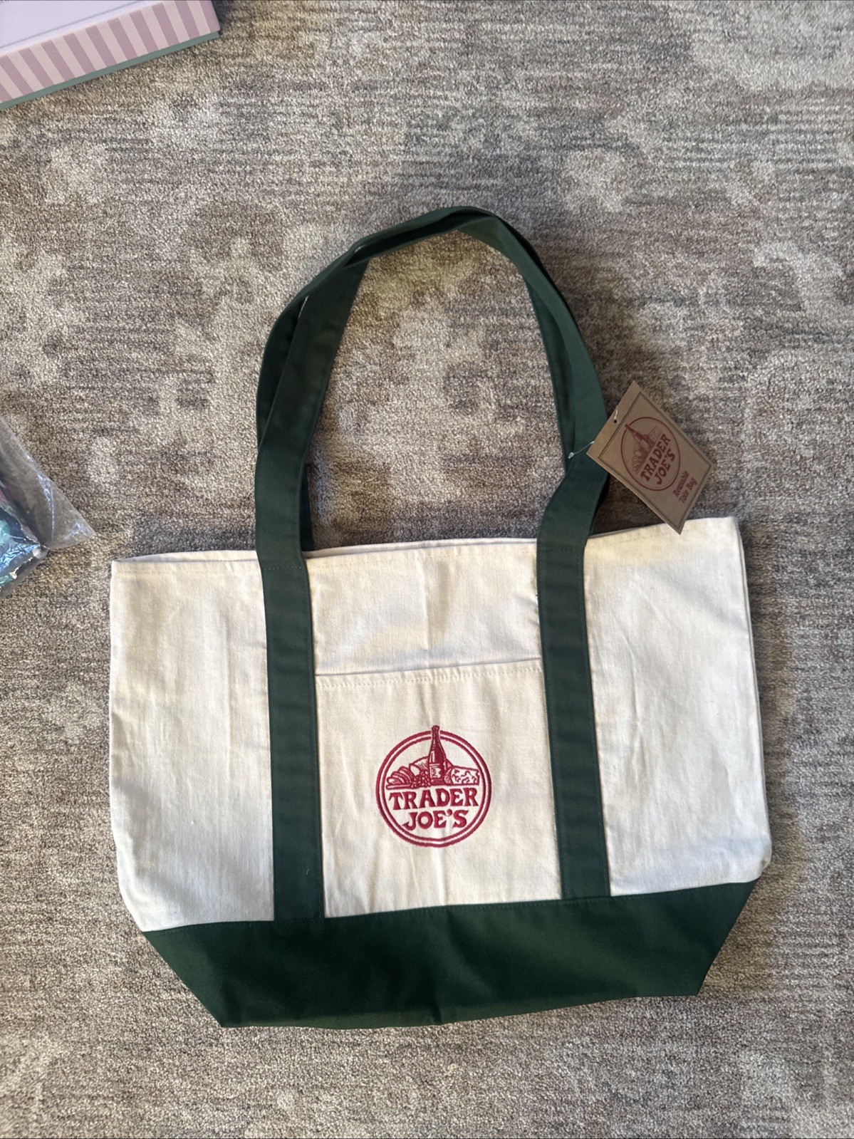 Trader Joe’s LARGE Reusable Heavy Canvas Shopping Bag, Off White & Green