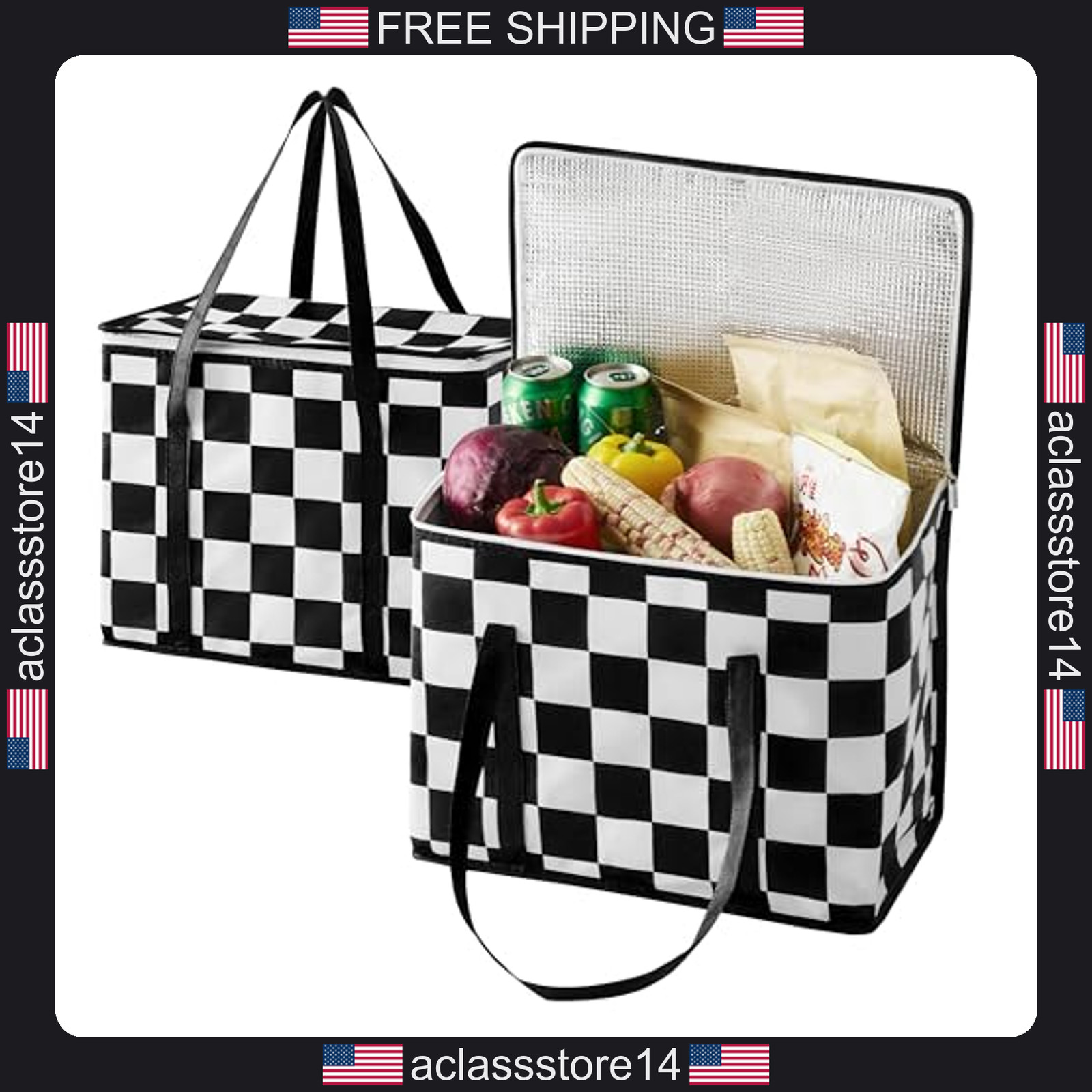 Ohocut checkered insulated grocery bags 2 pack black and white cooler shopping