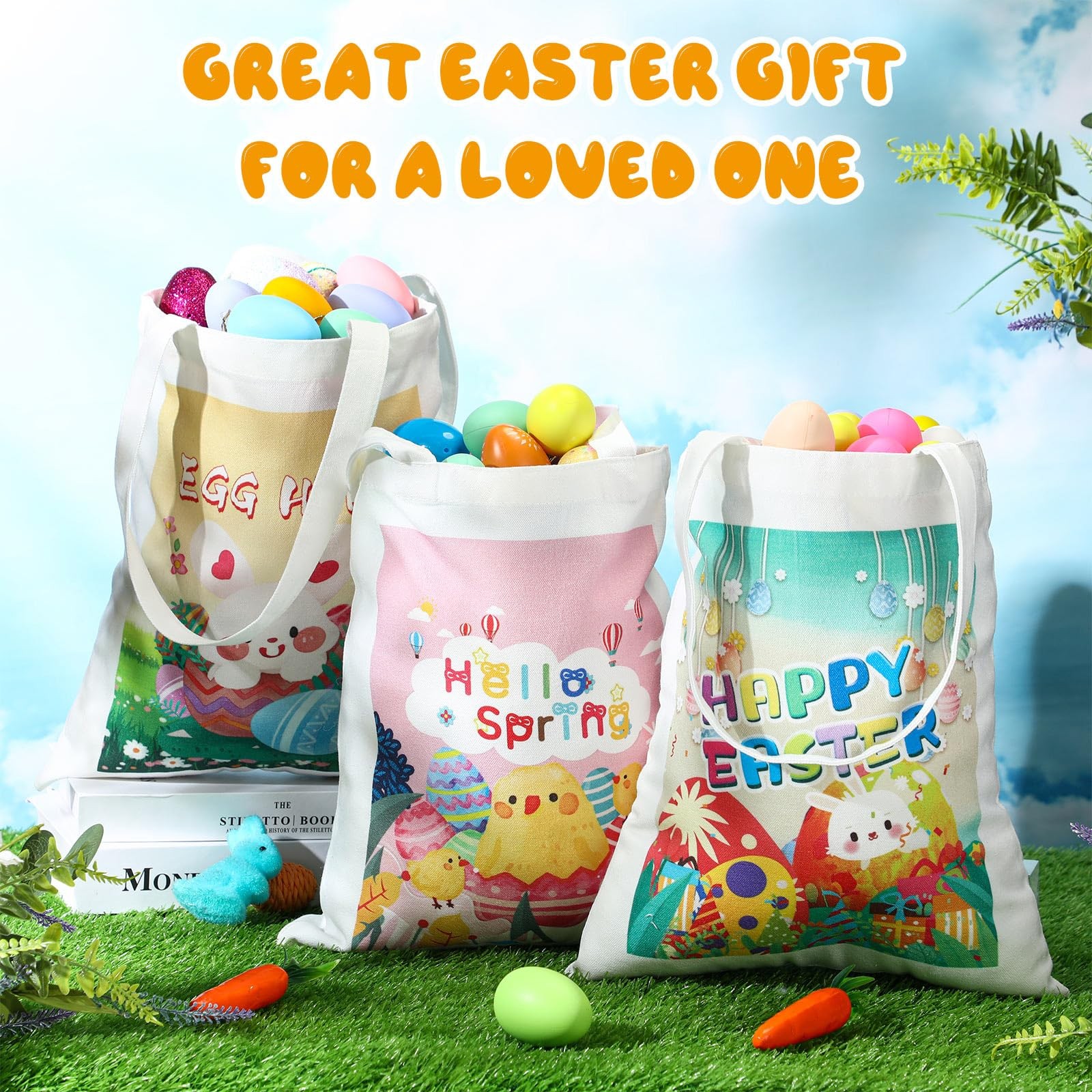 4 Pcs Easter Canvas Tote Bags 11.8 x 13.8 Inches Easter Gift Bags with Handle…