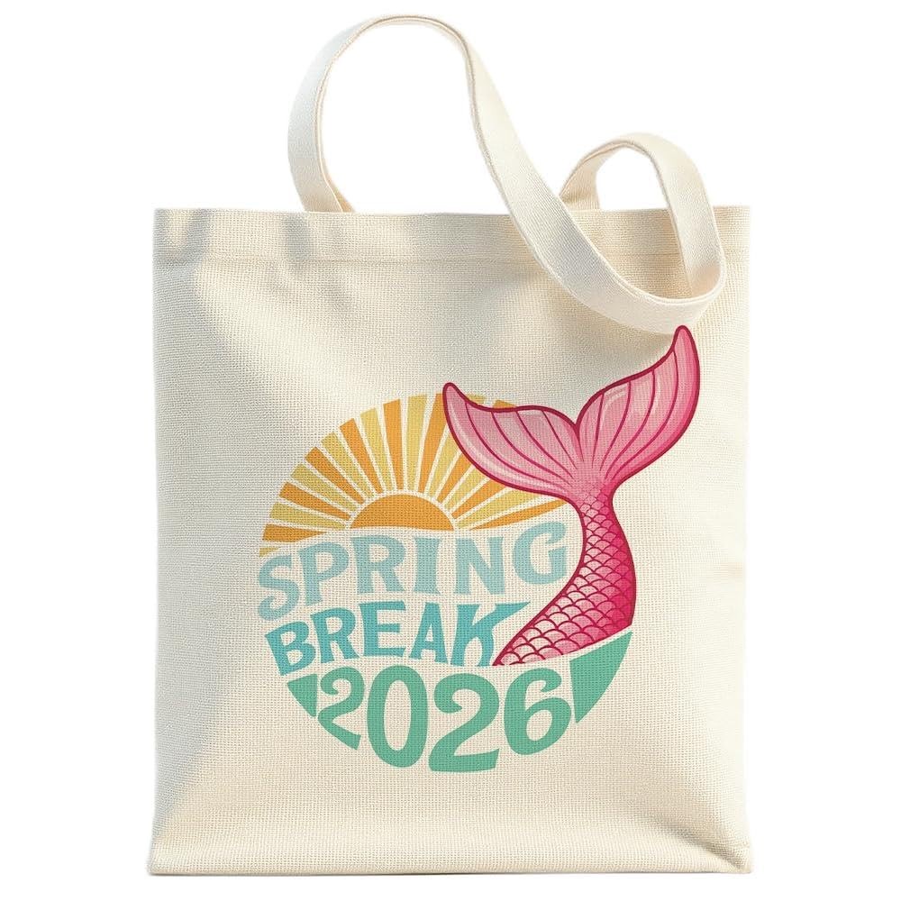 Spring Break 2026 Tropical Sun Mermaid Tail Canvas Tote Bag, Seasonal Gifts f…