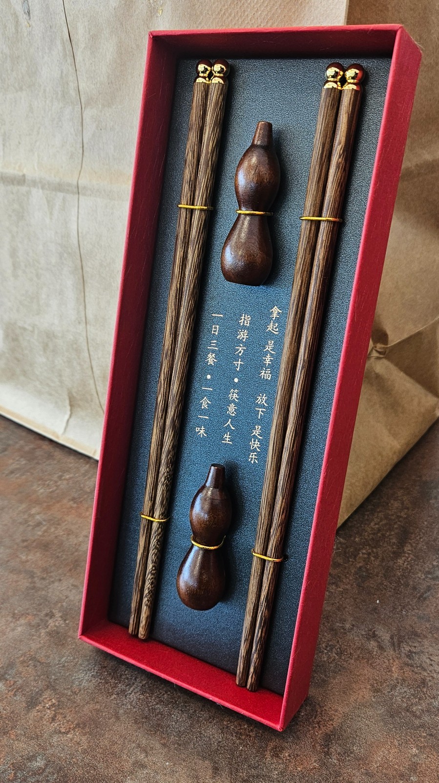 Handed-Painted Chinese Tote Bag GIft Set W Artisan Wood Chopsticks