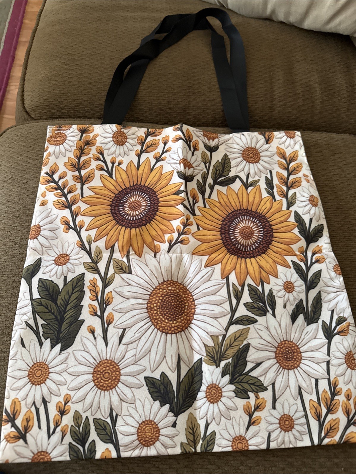 Sunflower Printing On Double Sides Polyester Tote Bag W/double Handles